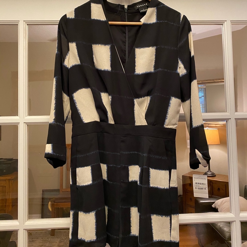 TROUVÉ Black Texture Weave Grid Romper NWT